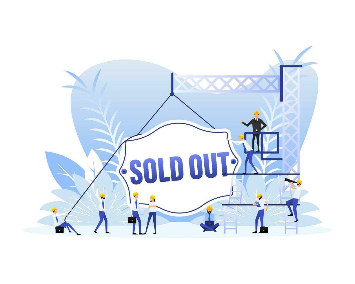 Sold out door sign in flat style with people. vector illustration.