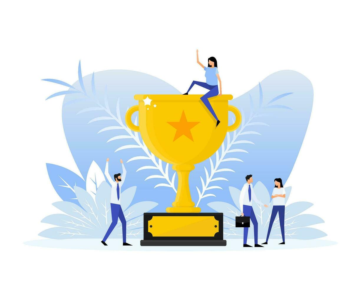 Success award people in flat style on gold background. Champion trophy, gold cup. Flat illustration. vector