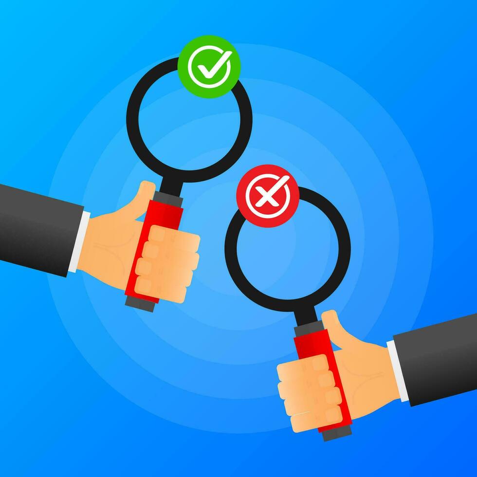 Hands holds lens glass yes or no. Green or red banner on blue background. Vector illustration.