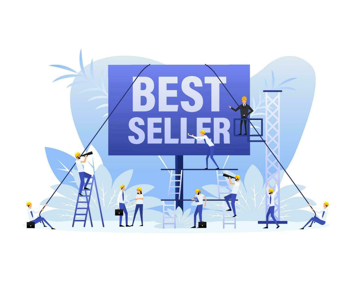 Placard with best seller on white background for banner design. Flat people. Vector illustration