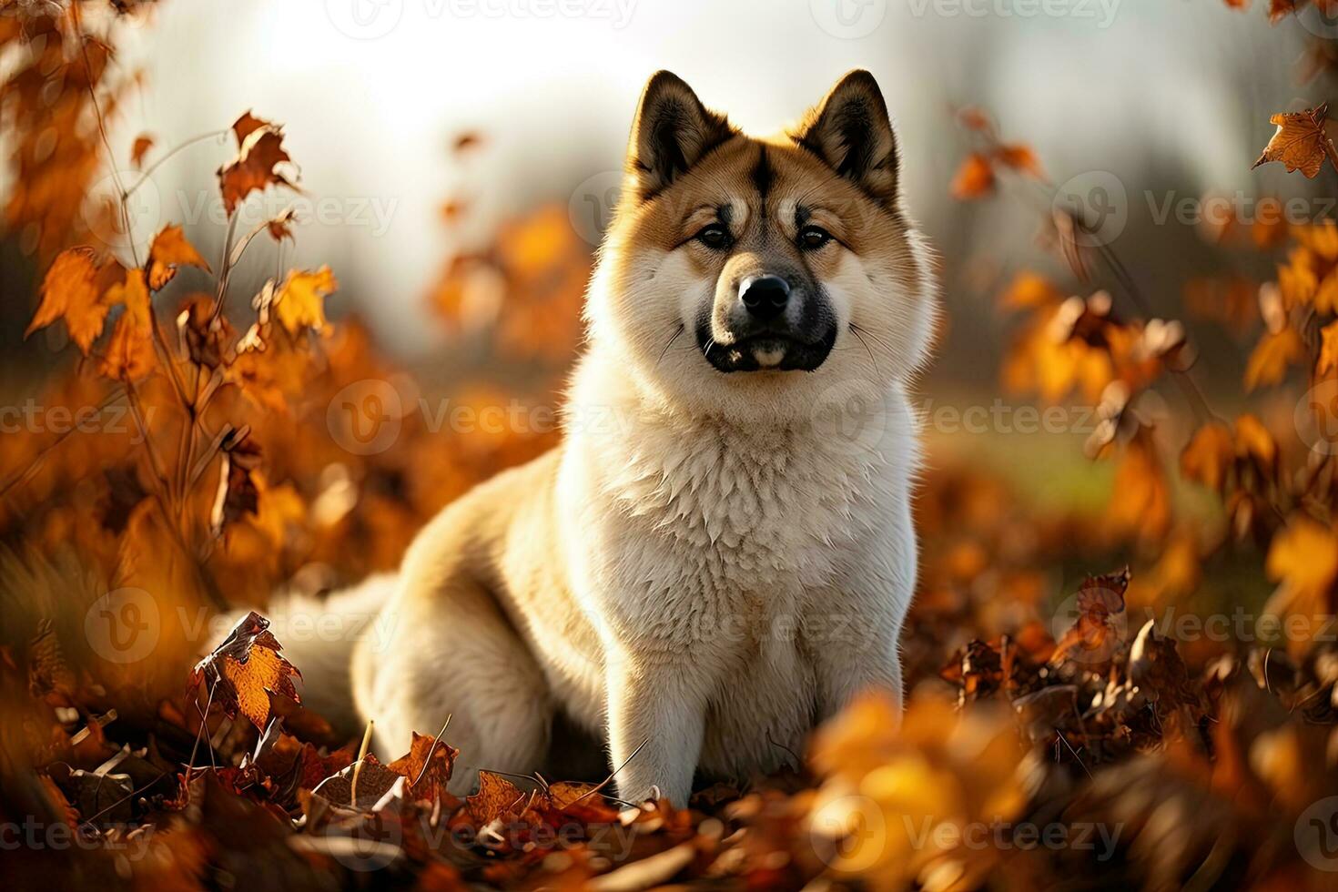 portrait of a American akita dog lying on autumn foliage, natural light, outdoors, warm filter, ai art photo