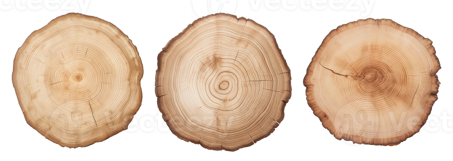 set of wood cuts. round cuts of wood with annual rings. lumber, wood. AI generated png