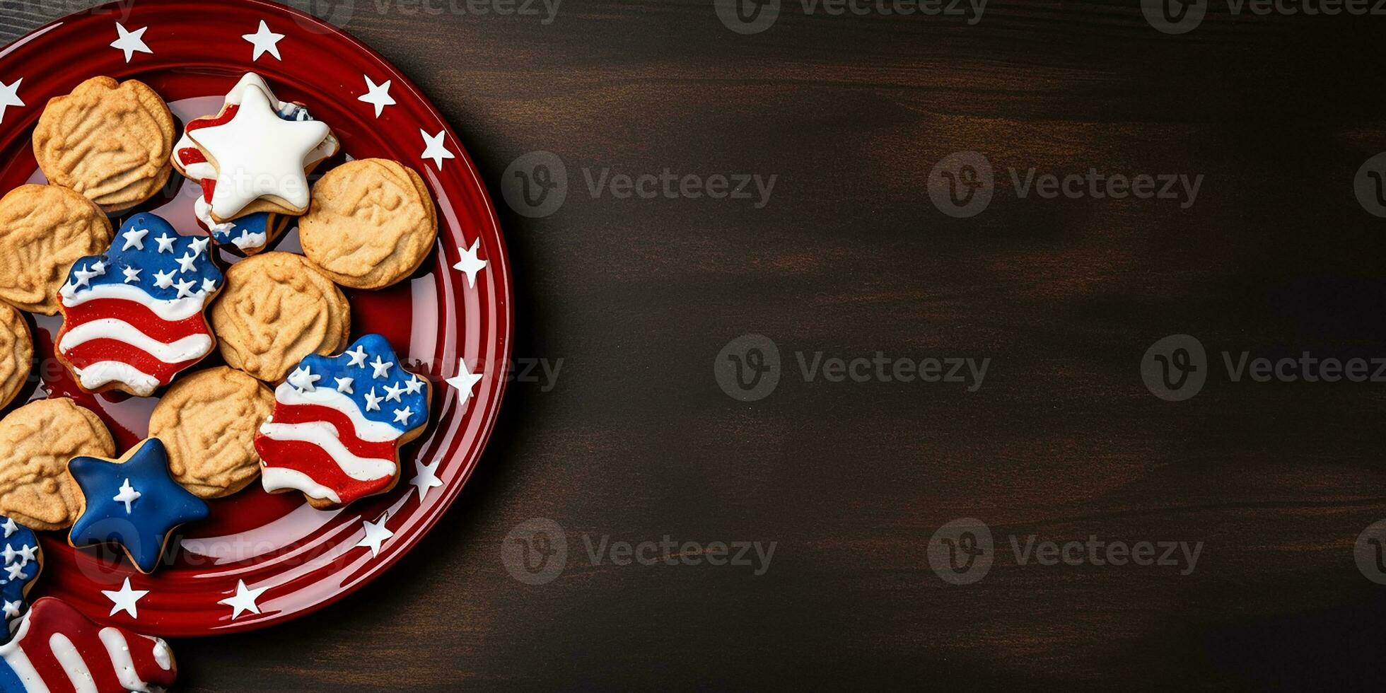 flat lay for USA Independence Day. plate of cookies with American flag. cute symbol of America, holiday at home, homemade cookies. AI generated photo