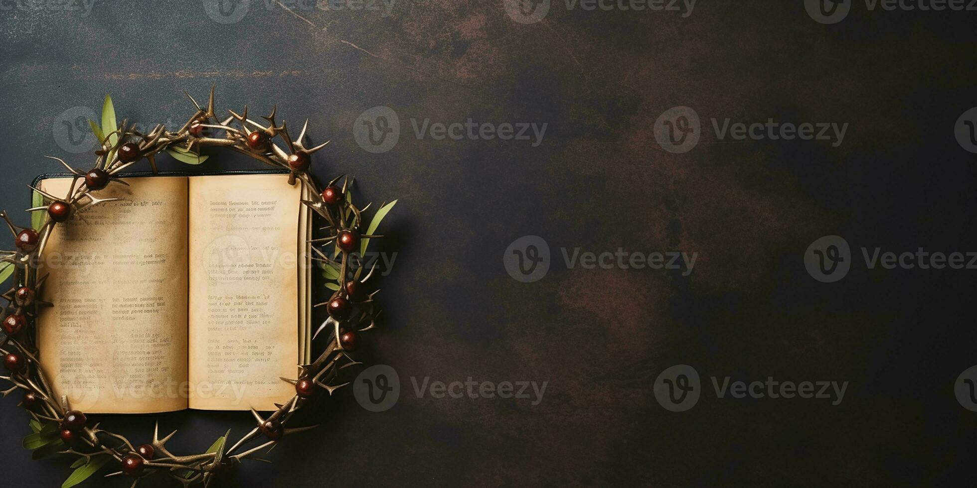 bible and crown of thorns. Christian symbol of Easter, resurrection. AI generated photo