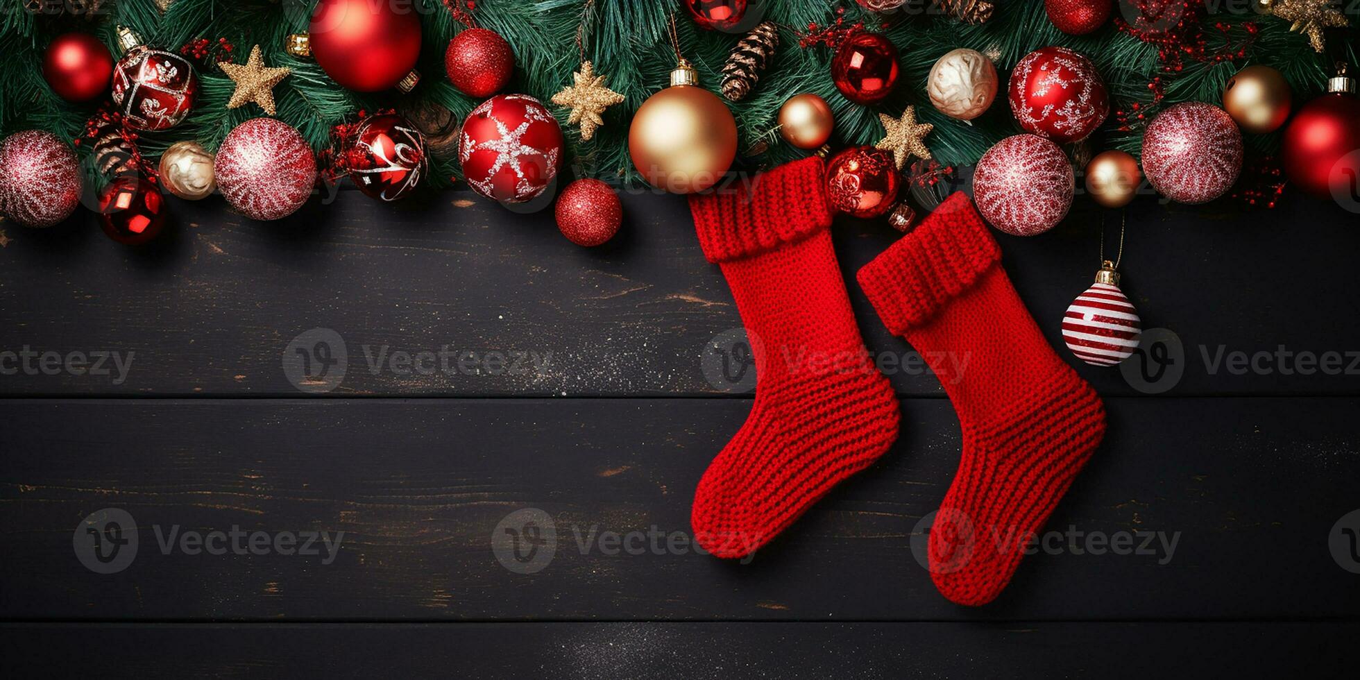 plano laico con un Navidad guirnalda de abeto sucursales, Navidad pelotas y de punto calcetines con espacio para texto. acogedor antecedentes para Navidad y nuevo año vacaciones. ai generado foto