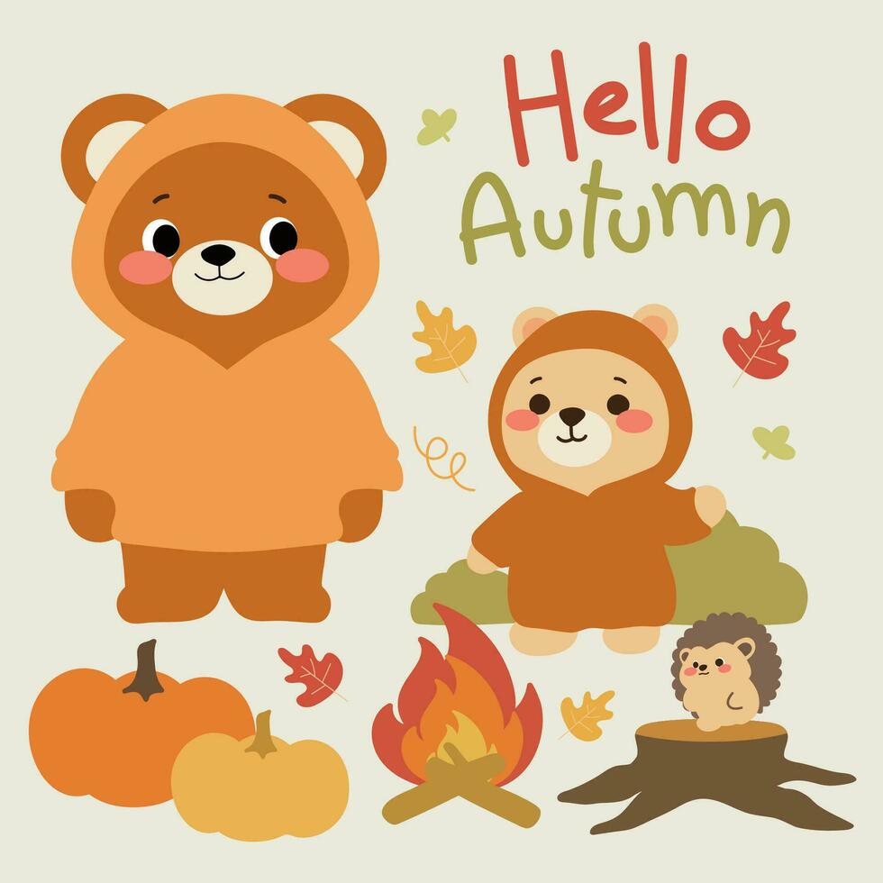 Hello Autumn. Adorable two bears illustration for autumn season decoration vector