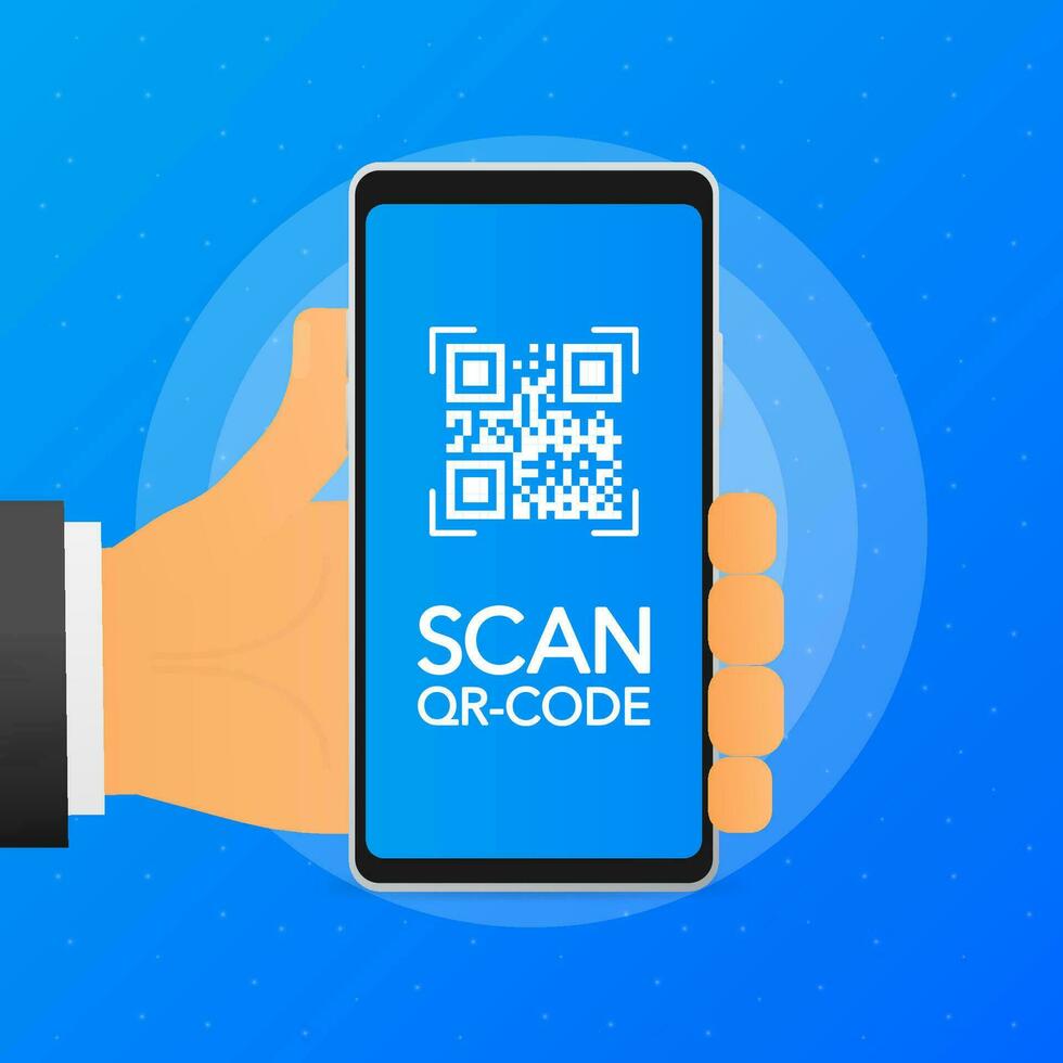 Hand holds phone with scan qr code on screen. Phone on blue background. Vector illustration.