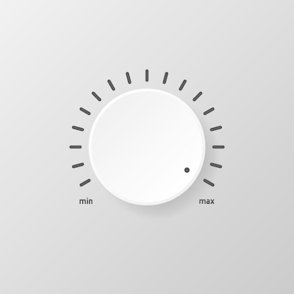 White technology music button, volume knob with realistic designed shadow, range scale and light vector