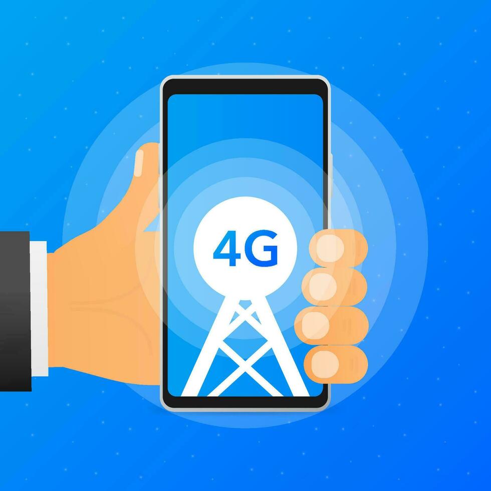 Hand holds phone with a tower that shows the available 4G mobile network on blue background. Vector illustration.