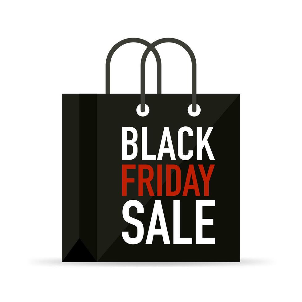 Black paper shopping bag with inscription Black Friday and Sale. vector