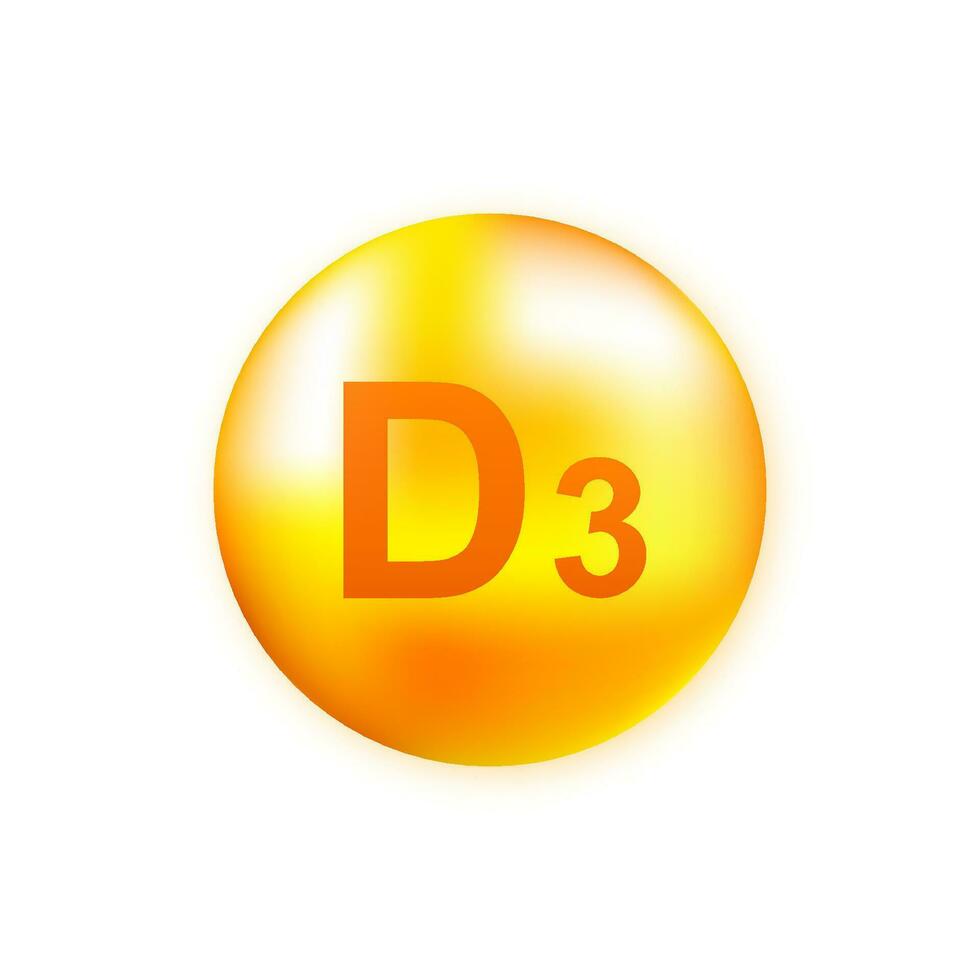 Vitamin D3 with realistic drop on gray background. Particles of vitamins in the middle. Vector illustration.