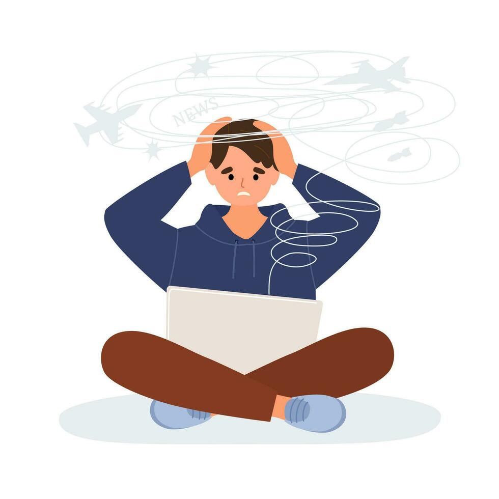 Sad anxious man with laptop, reading bad news, message in internet. Negative emotion. Flat vector illustration isolated on white background.