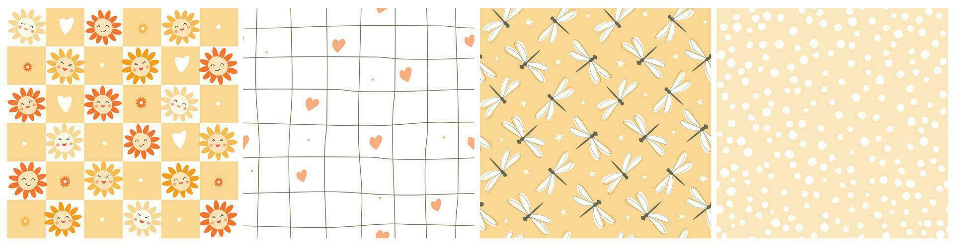 A set of seamless patterns with abstract drawings on the background of cells, grids, squares. Summer simple prints with flowers, dragonflies, hearts, dots. Vector graphics.