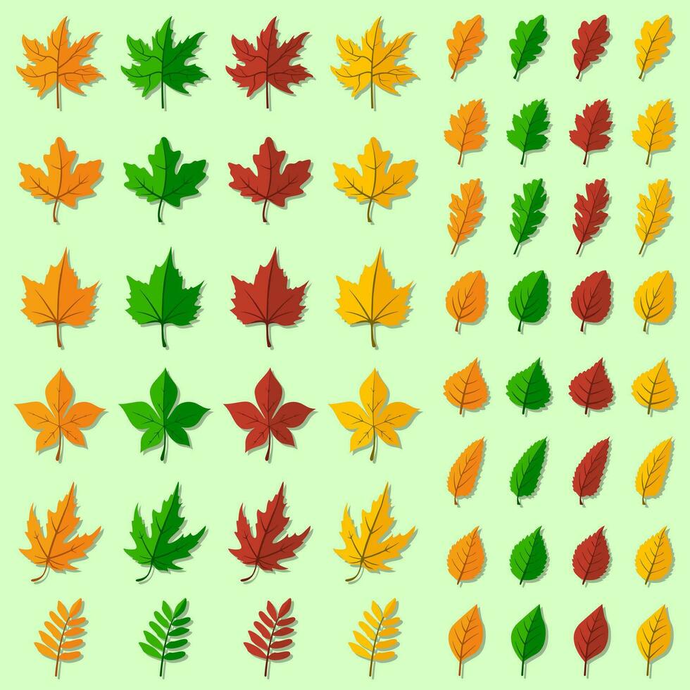 Big set of green, brown, yellow and red vector leaves.