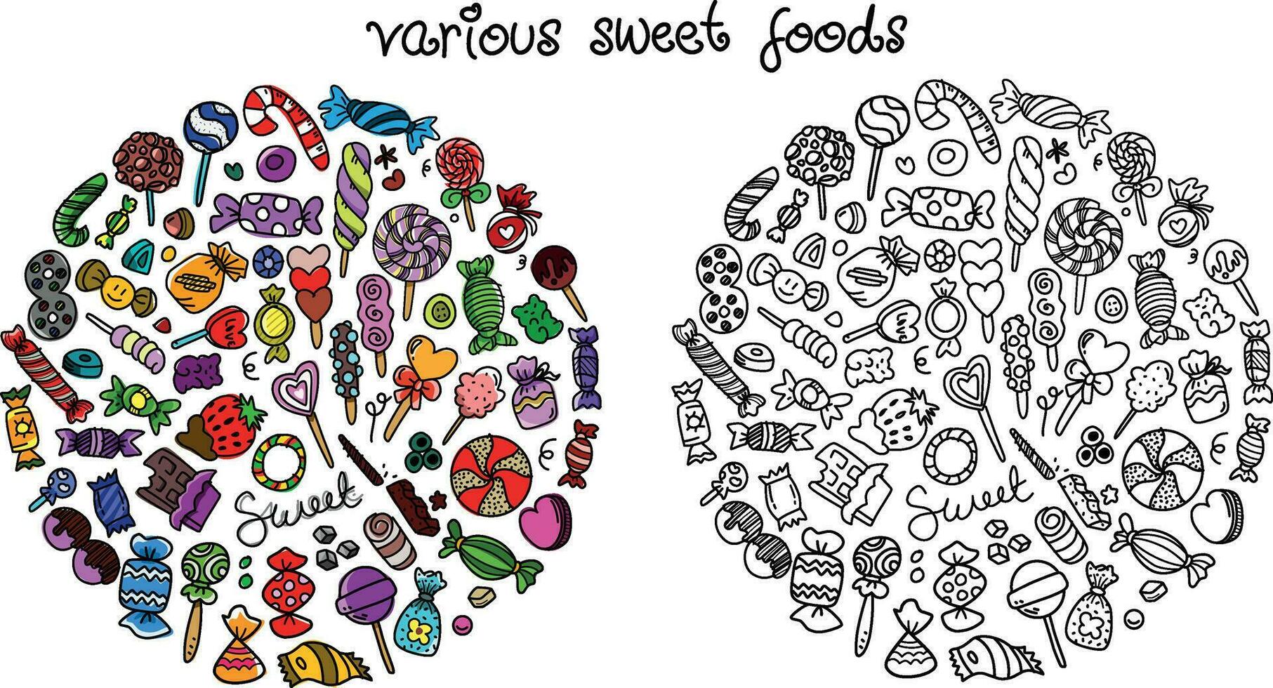 Coloring page of various candies for school children vector
