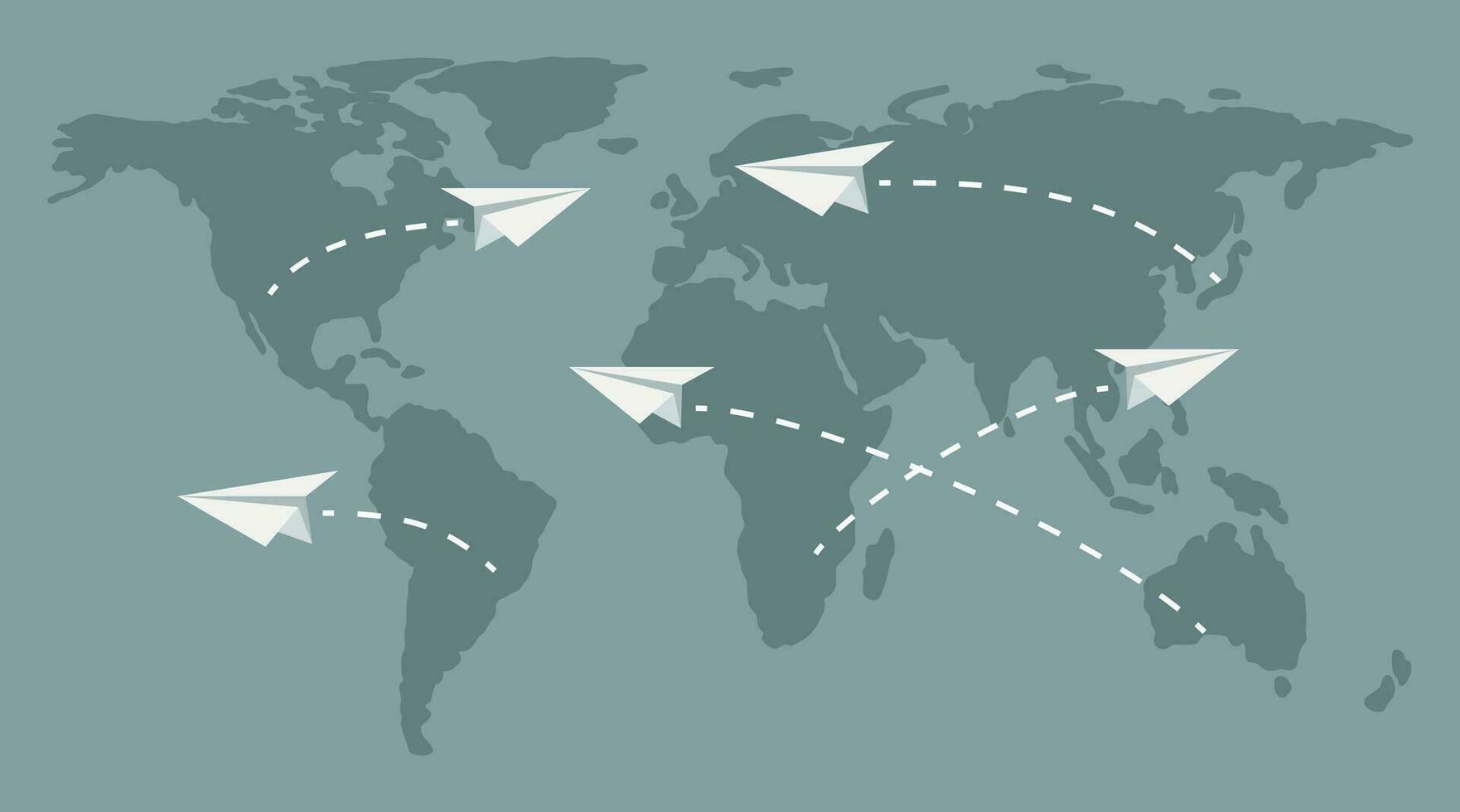 viaje concepto. un sencillo mapa de el mundo con volador papel aviones vector plano ilustración.