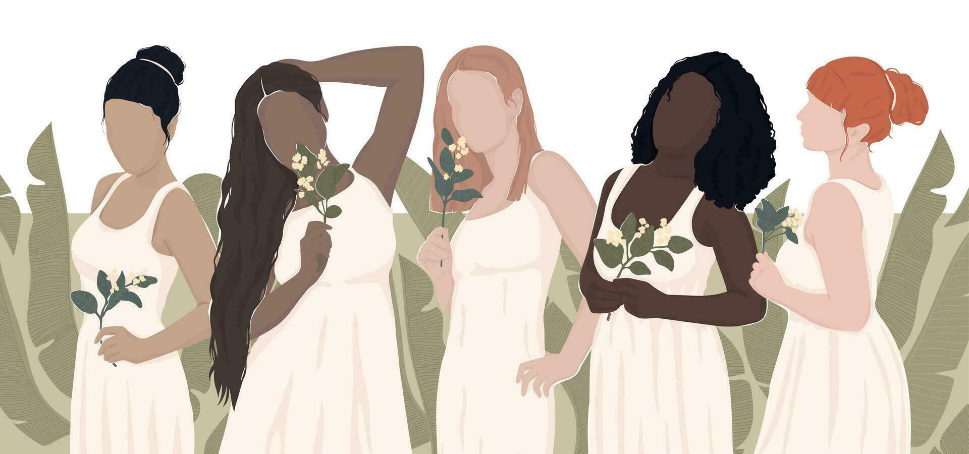 conjunto de dibujado mujer desde diferente étnico grupos en blanco vestidos sostener flores en su manos. vector moderno plano ilustración. aislado en capas. para tarjeta postal, póster, bandera, revista cubrir