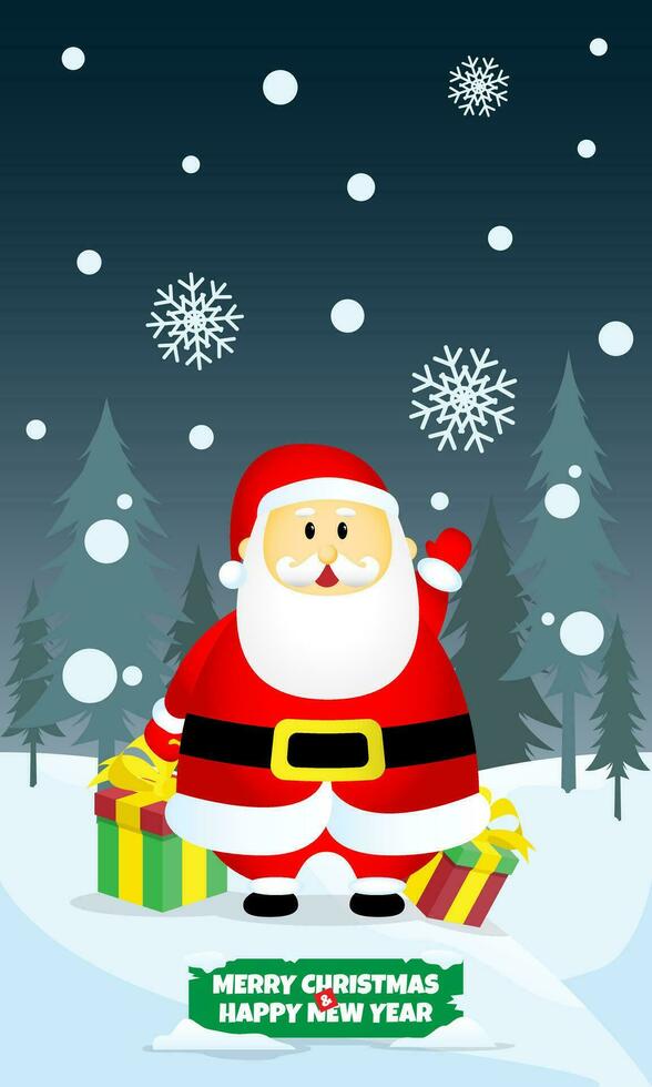 Merry Christmas and Happy New Year poster with Santa Claus standing among gift boxes in a snow field vector