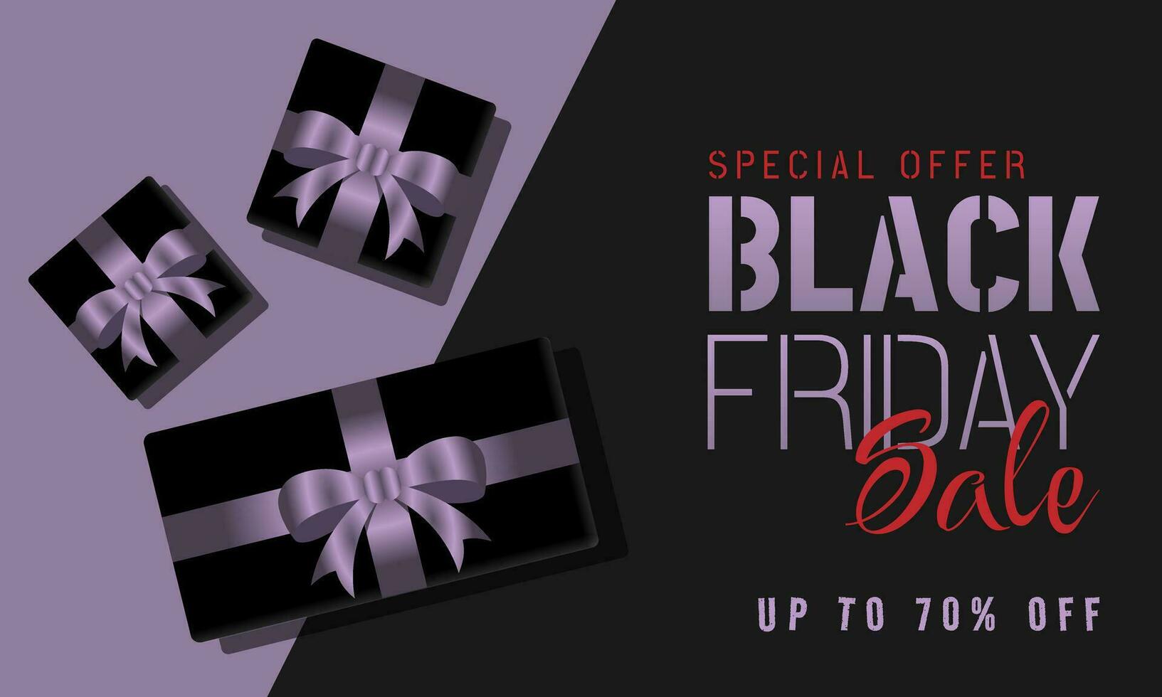 Black Friday banner with black gift and purple ribbon vector