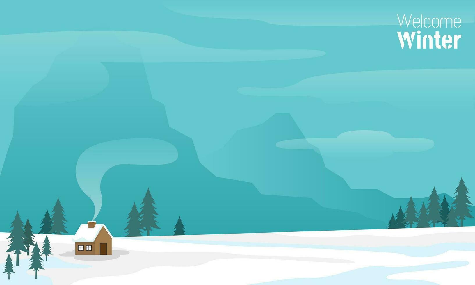 Bienvenido invierno bandera con un pequeño casa en el medio de el hielo campo vector