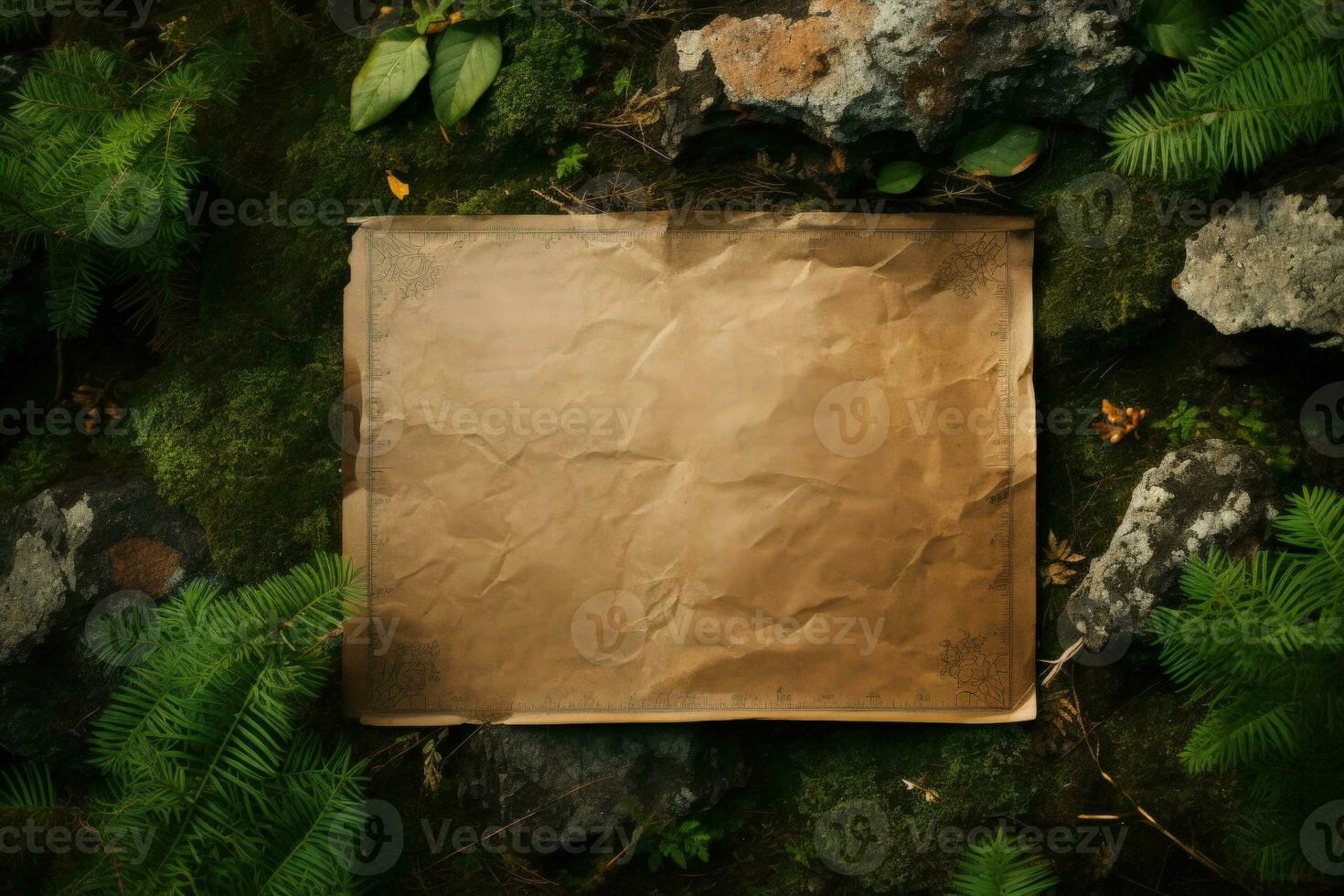 Traditional map spread on a forest ground background with empty space for text photo