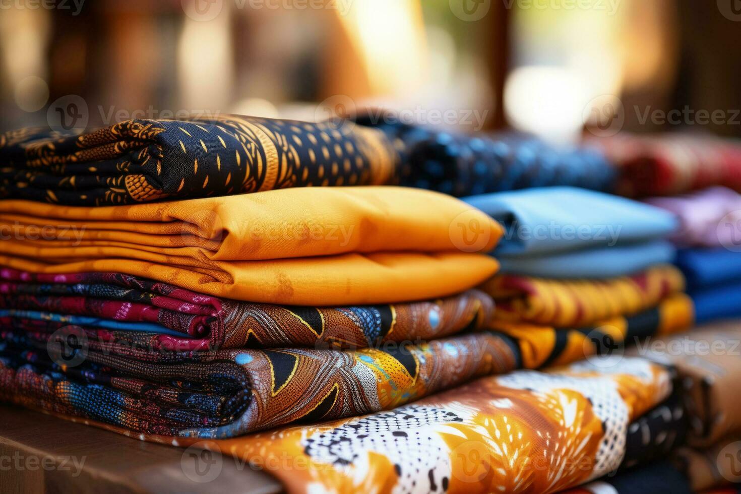 Detailed African fabric patterns at holiday market background with empty space for text photo