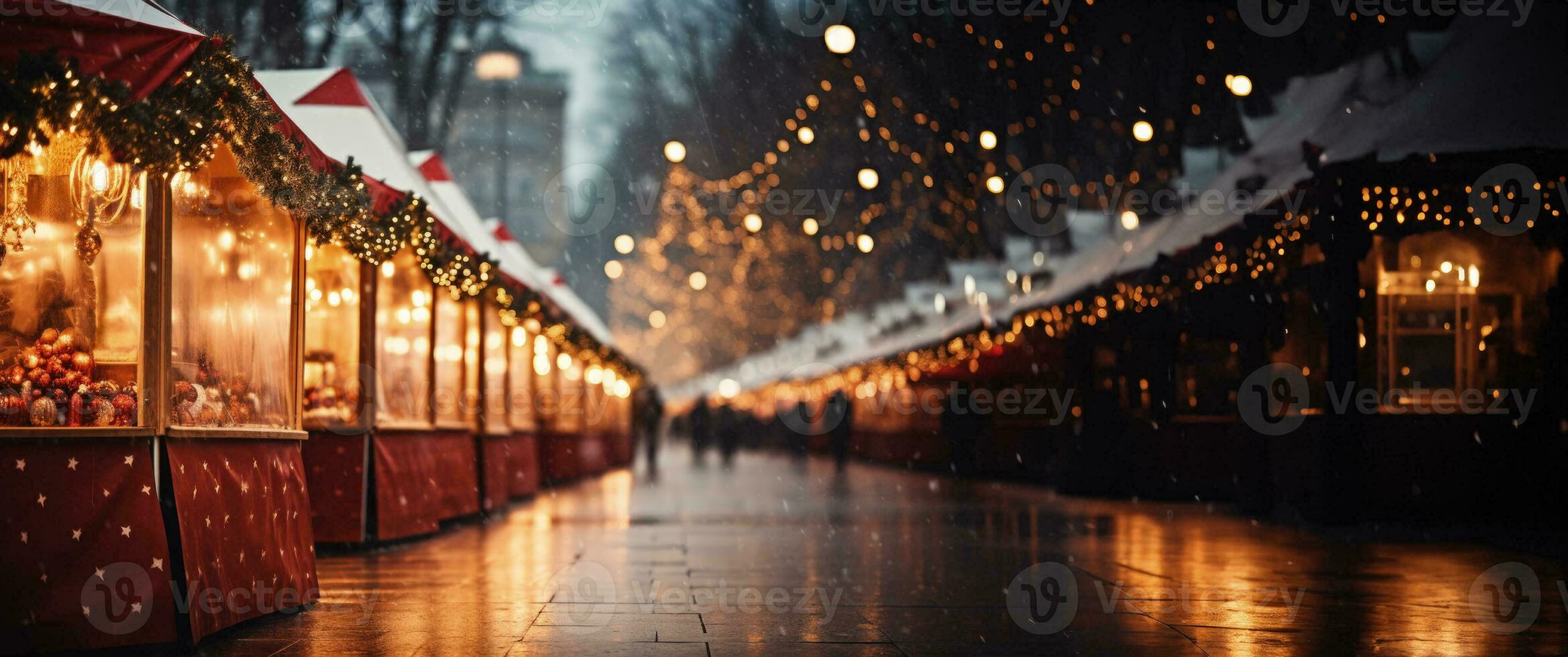 Nightime North American holiday markets twinkling lights background with empty space for text photo