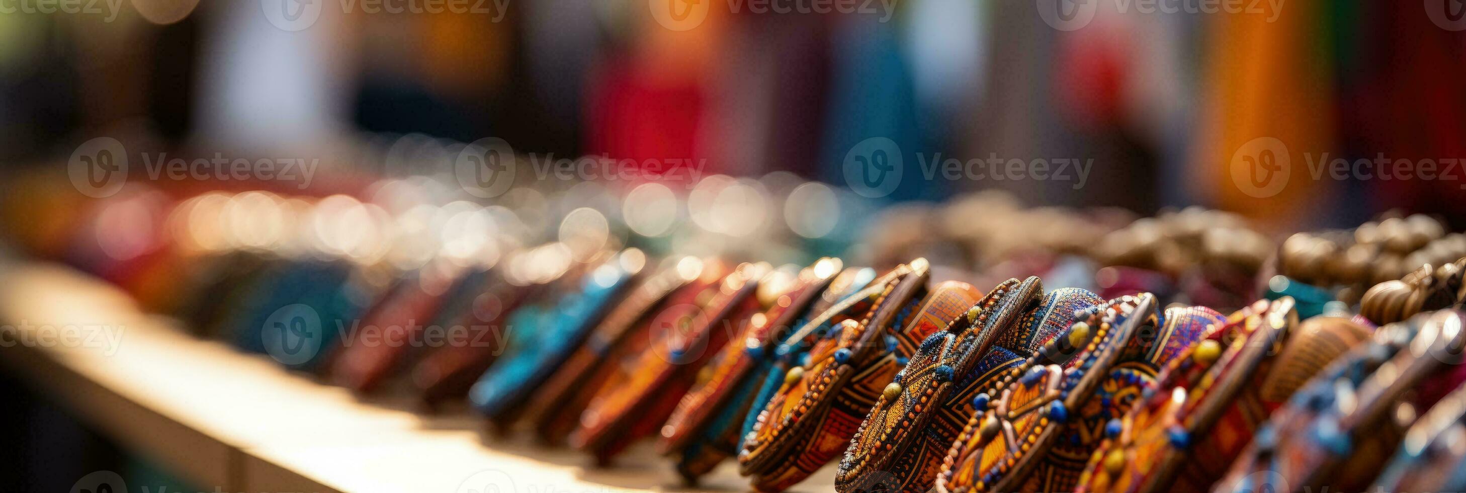 African holiday market displaying intricate textile patterns background with empty space for text photo