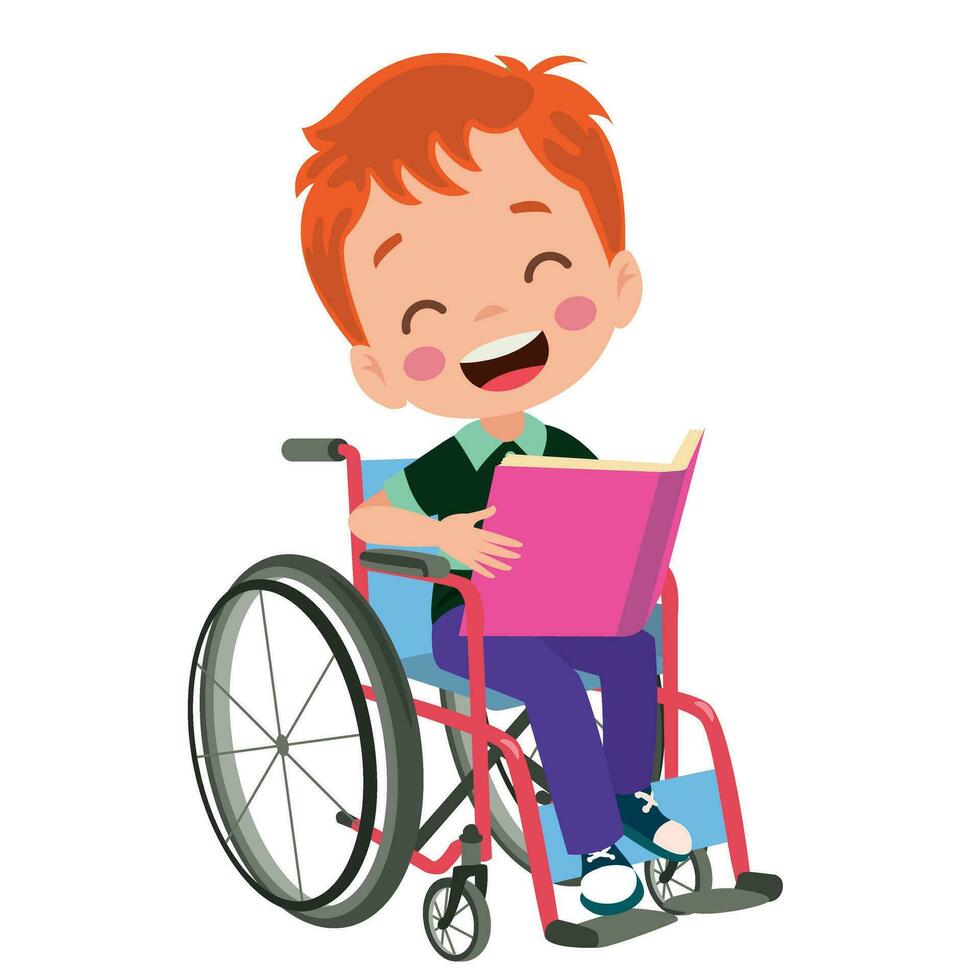 little kid sit on wheelchair and feel happy vector