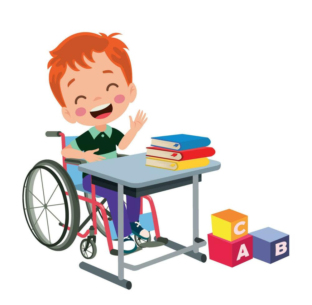 little kid sits on wheelchair and feels happy vector