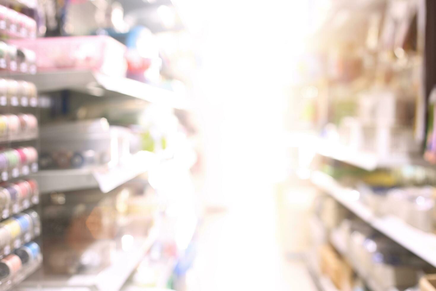 Abstract blurred background of stationery and crafts retail shop show aisle , many products and shelves photo