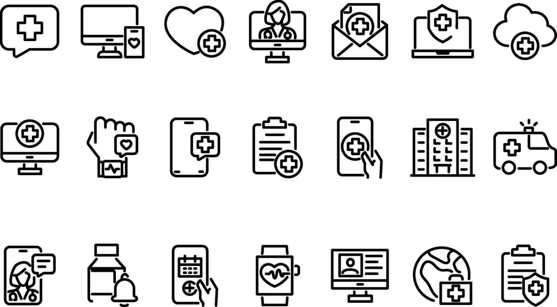 Digital healthcare and telemedicine editable outline icons set isolated vector illustration.