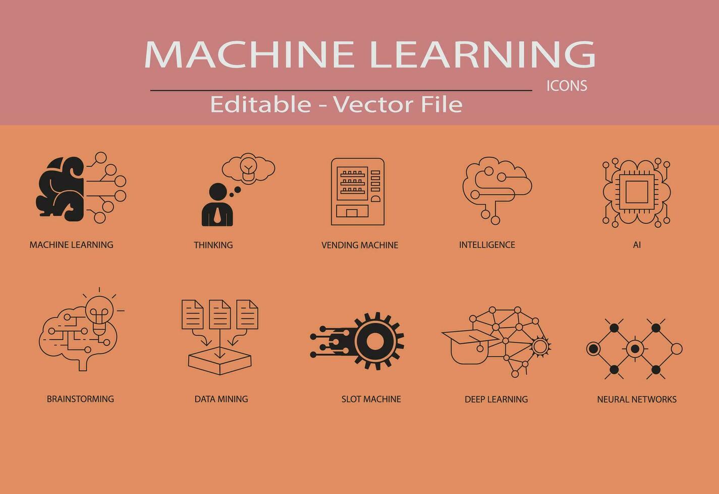 Machine learning concept icons use designed for Contains such icons as algorithms, data mining, smart intelligence, brainstorming, thinking, and more, which can be used for web and apps vector