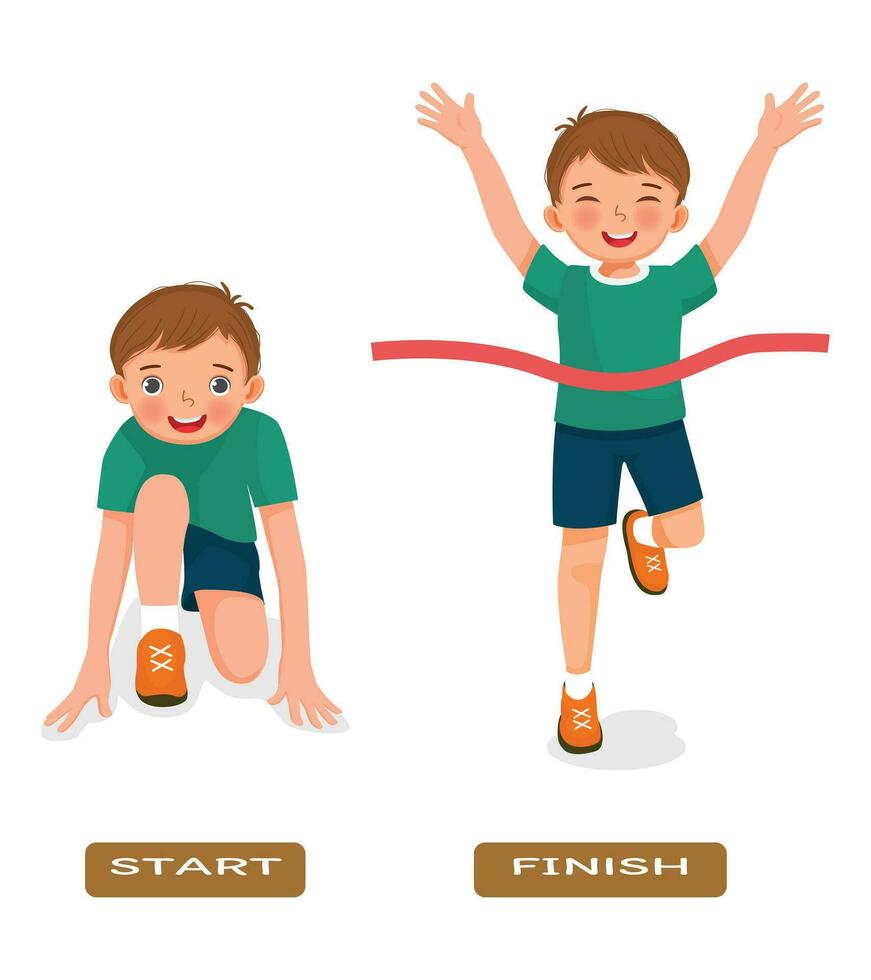 Opposite adjective antonym word start and finish illustration of little boy ready to run and finishing the race vector