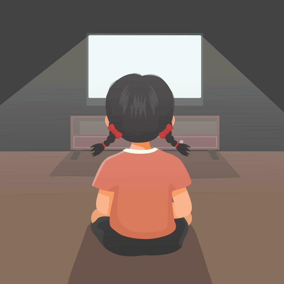 Cute little girl watching TV in the dark room on the floor vector