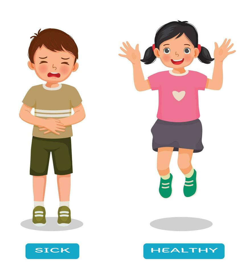 Opposite adjective antonym word sick and healthy illustration of little boy stomachache and girl jumping vector