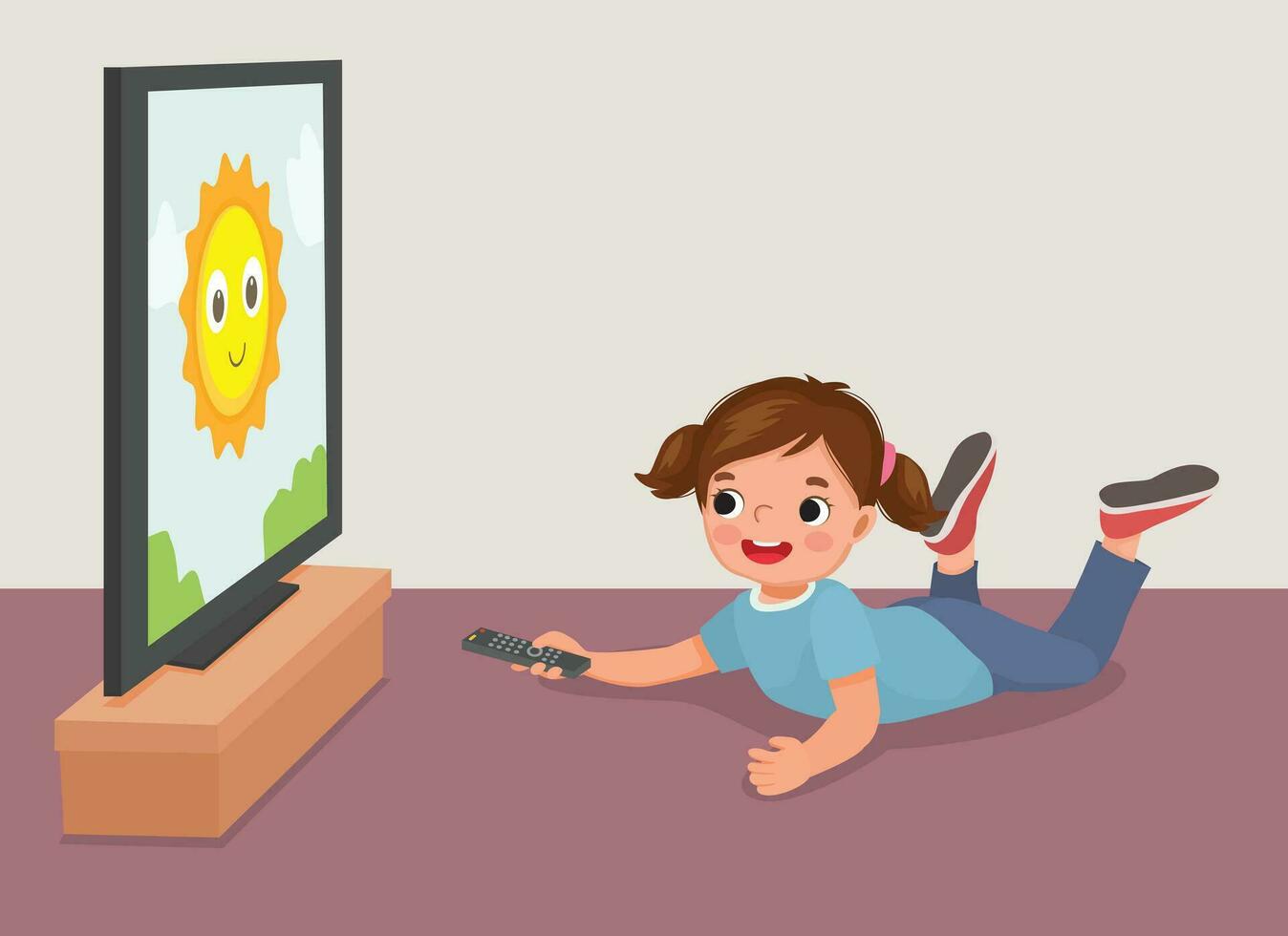 Happy little girl watching TV holding remote control sitting on the floor vector