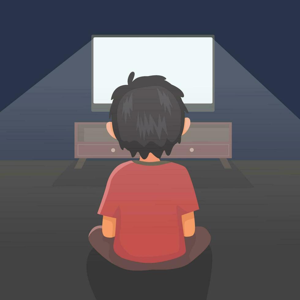 Cute little boy watching TV in the dark room on the floor vector