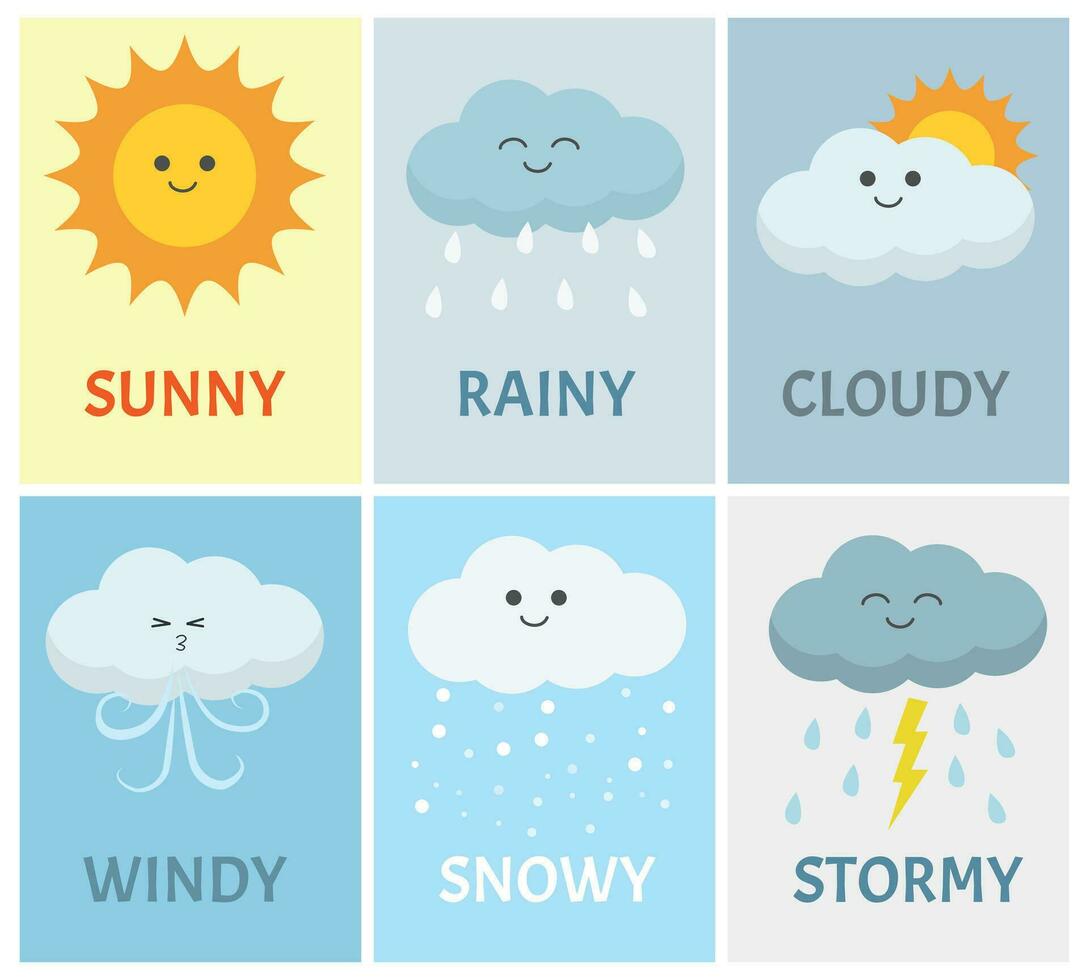 Weather climate vocabulary with cute cartoon characters for kids vector