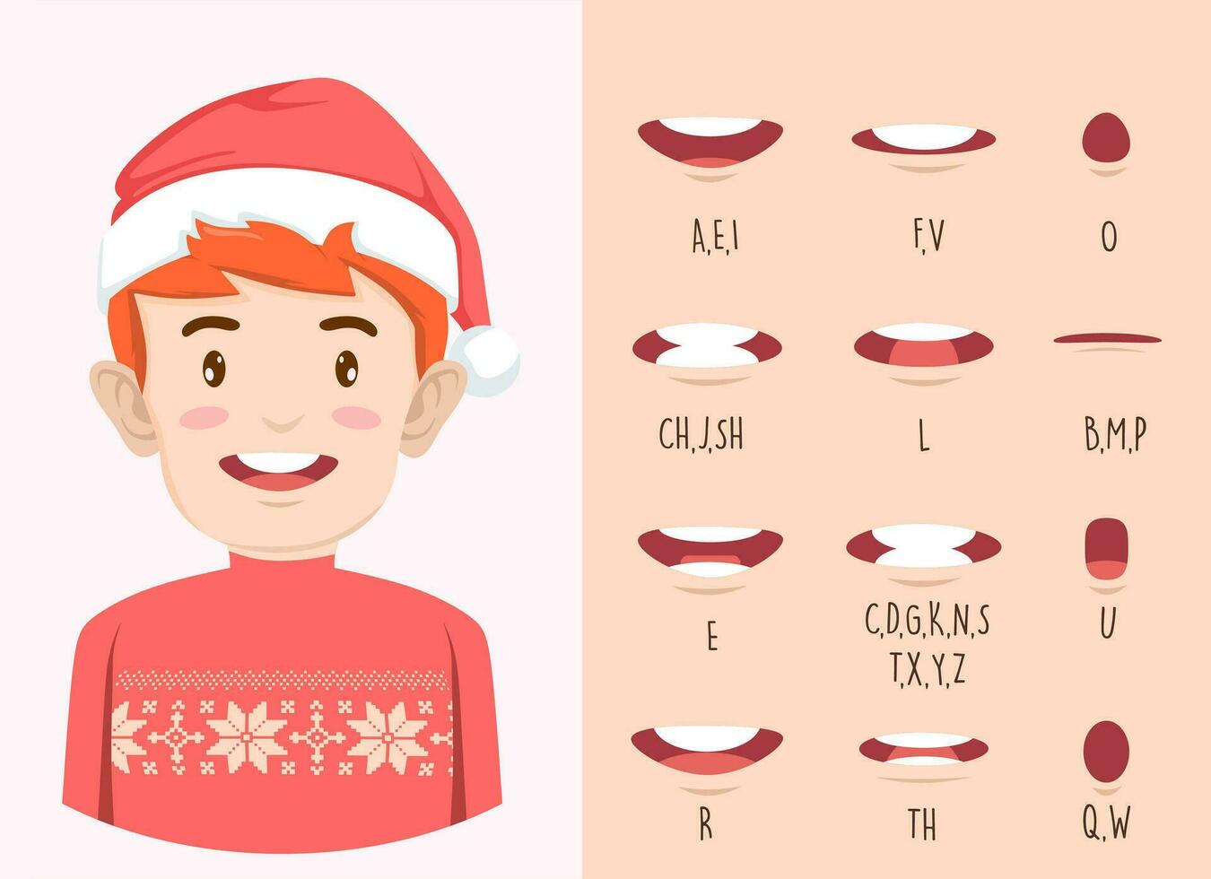 young man character in Christmas clothes with Lip sync collection for animation. vector