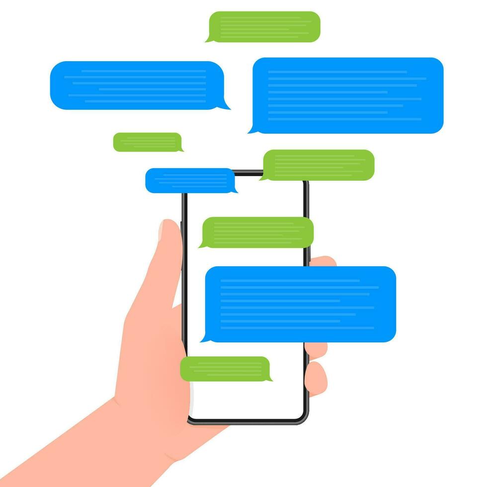 Hand holds phone with chat message on blue background. Vector illustration.