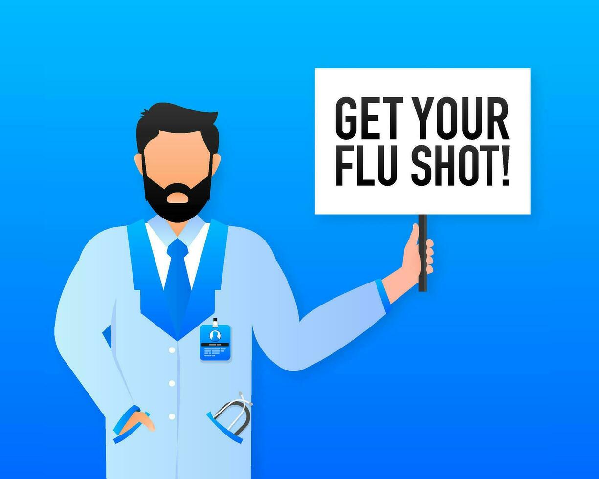 Hand holding signboard with text - Get your flu shot. Man showing billboard banner. Vector illustration.