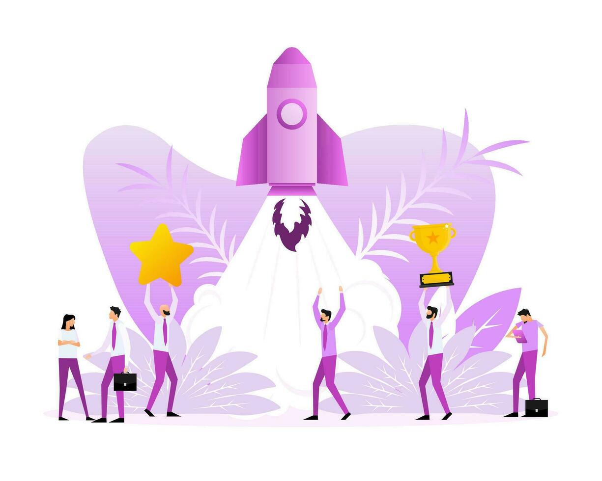 Poster with rocket people. Startup company launch concept, flat tiny person vector illustration
