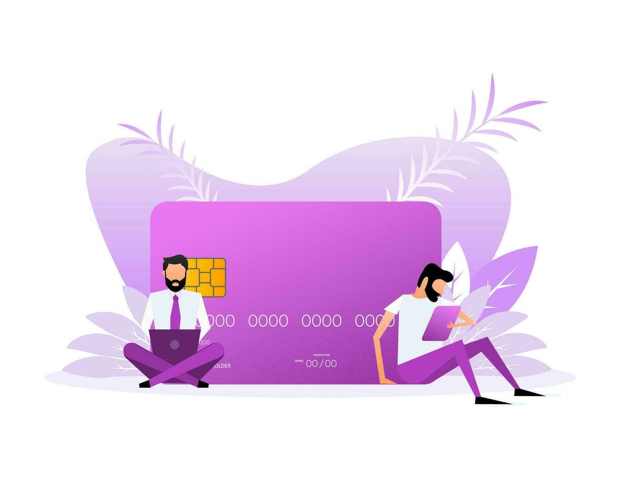 Flat credit card with people on a white background. Vector illustration