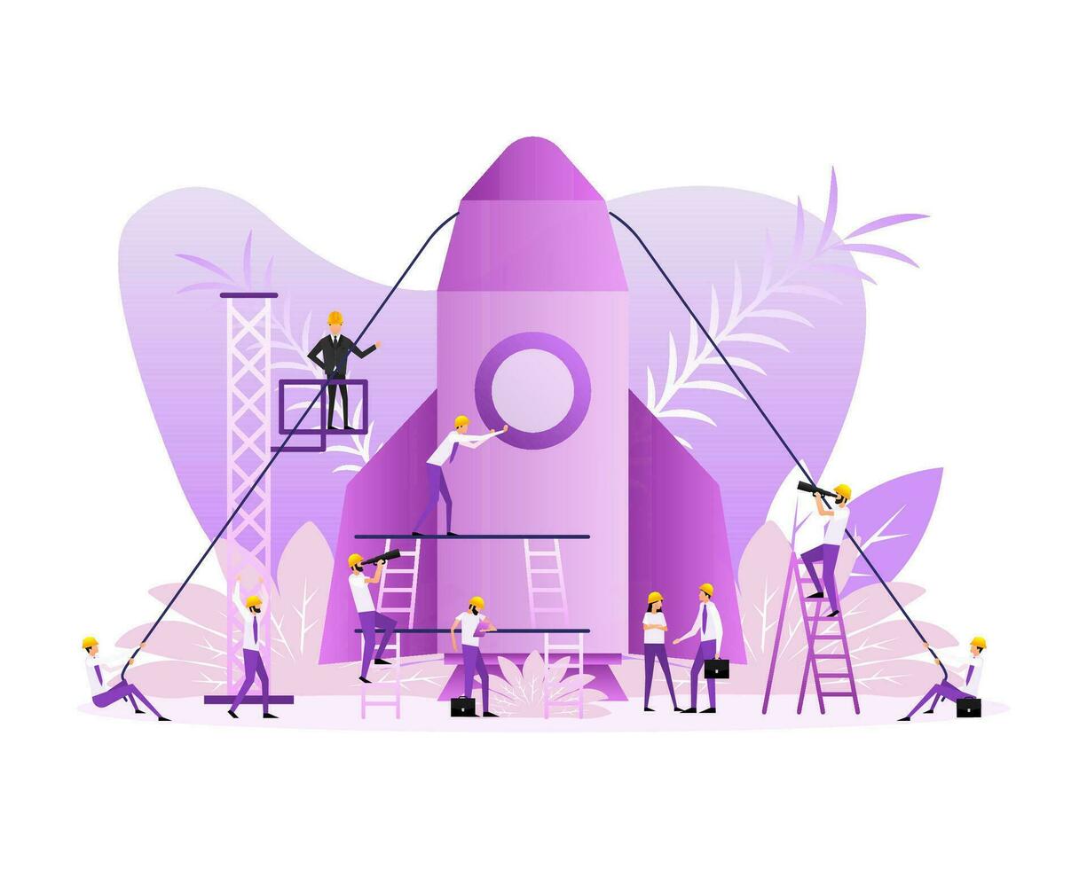 Poster with rocket people. Startup company launch concept, flat tiny person vector illustration