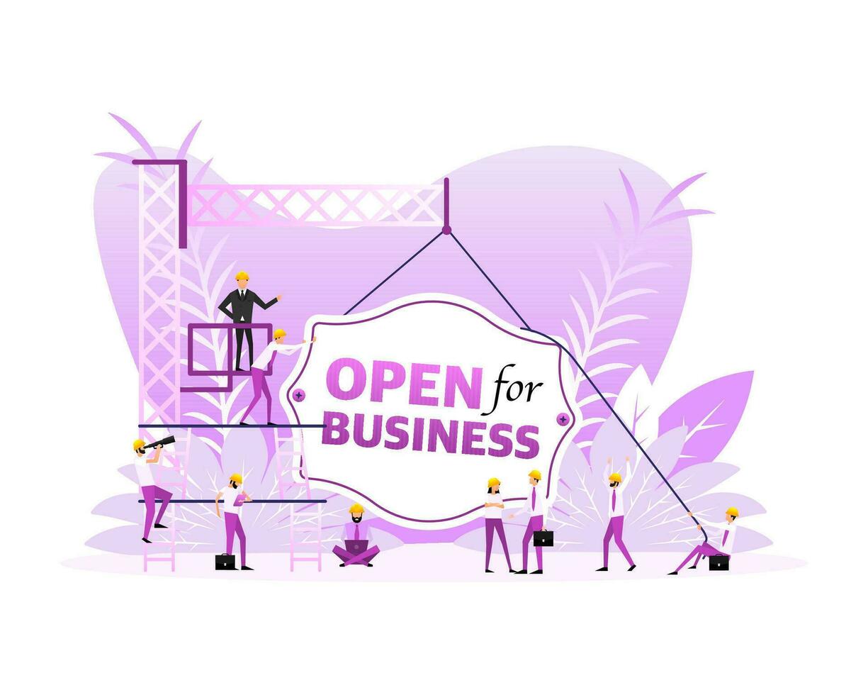 Open for business sign door, many people. Vector illustration