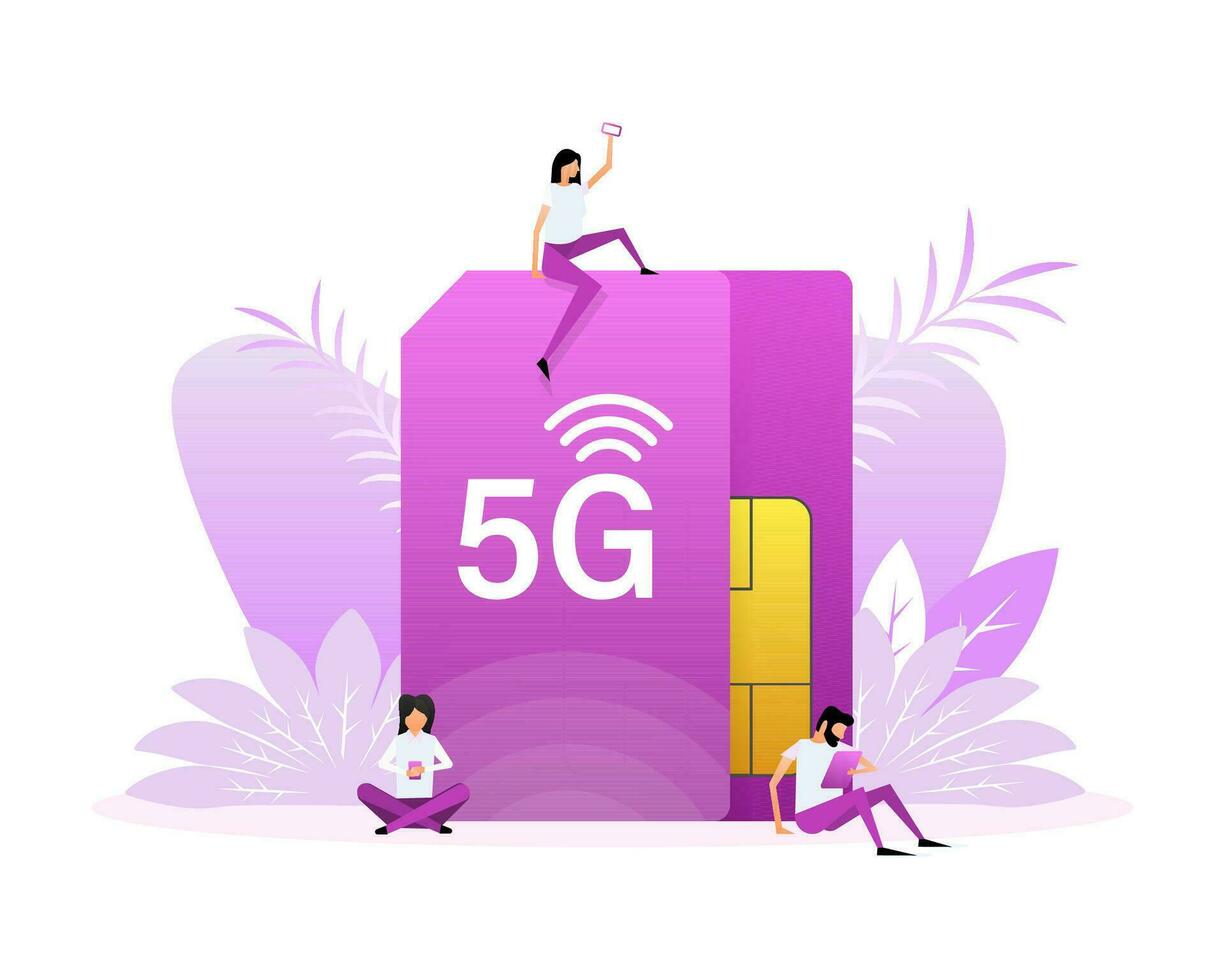 5G Sim Card. 4G technology background. Flat style characters vector