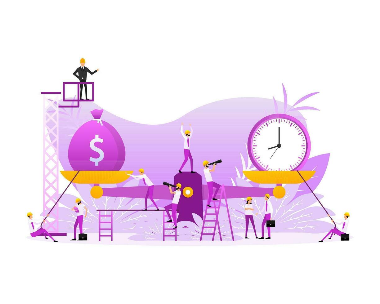 Time is money on scales icon. Flat people. Money and time balance on scale vector