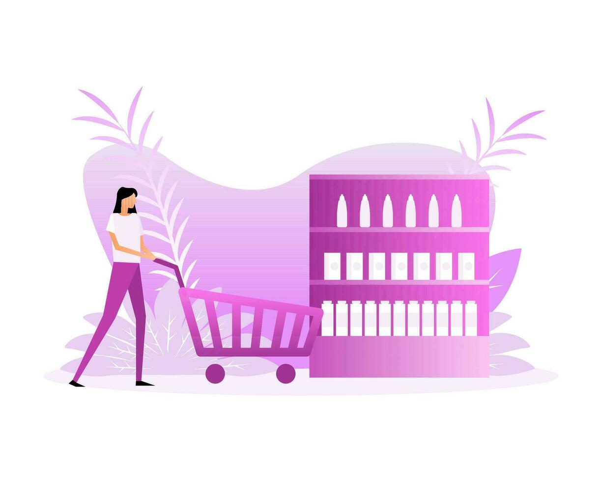 Flat illustration with shopping food people. Online shopping. Online market vector