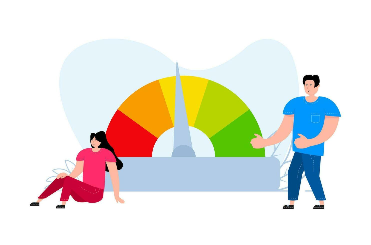 A man and a woman are standing near Satisfaction Quality Meter, Stress level. Optimization Page speed. vector